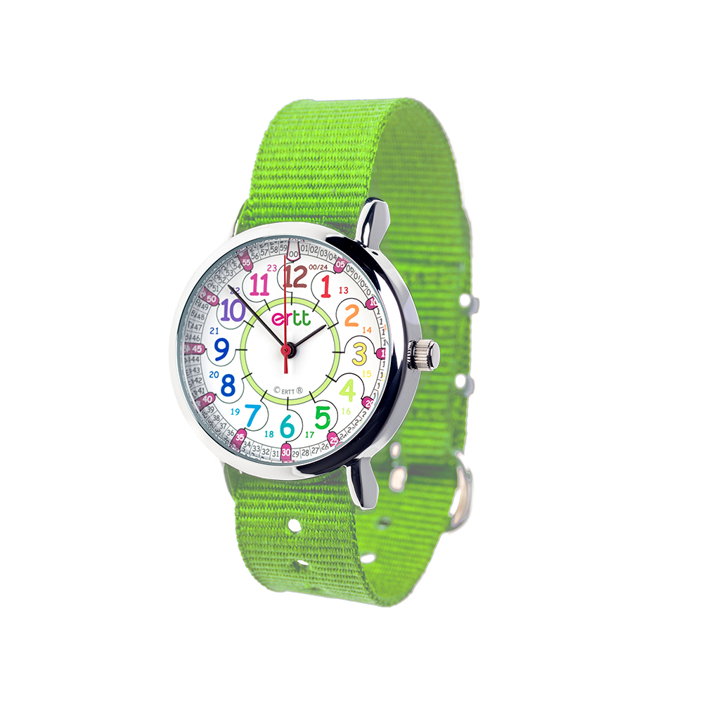 rainbow time teaching watch with lime strap