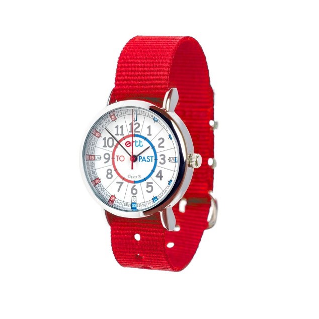 time teaching watch with bright red strap